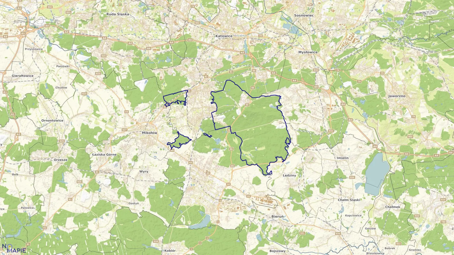 Mapa obrębu Górne Lasy Pszczyńskie w mieście Katowice