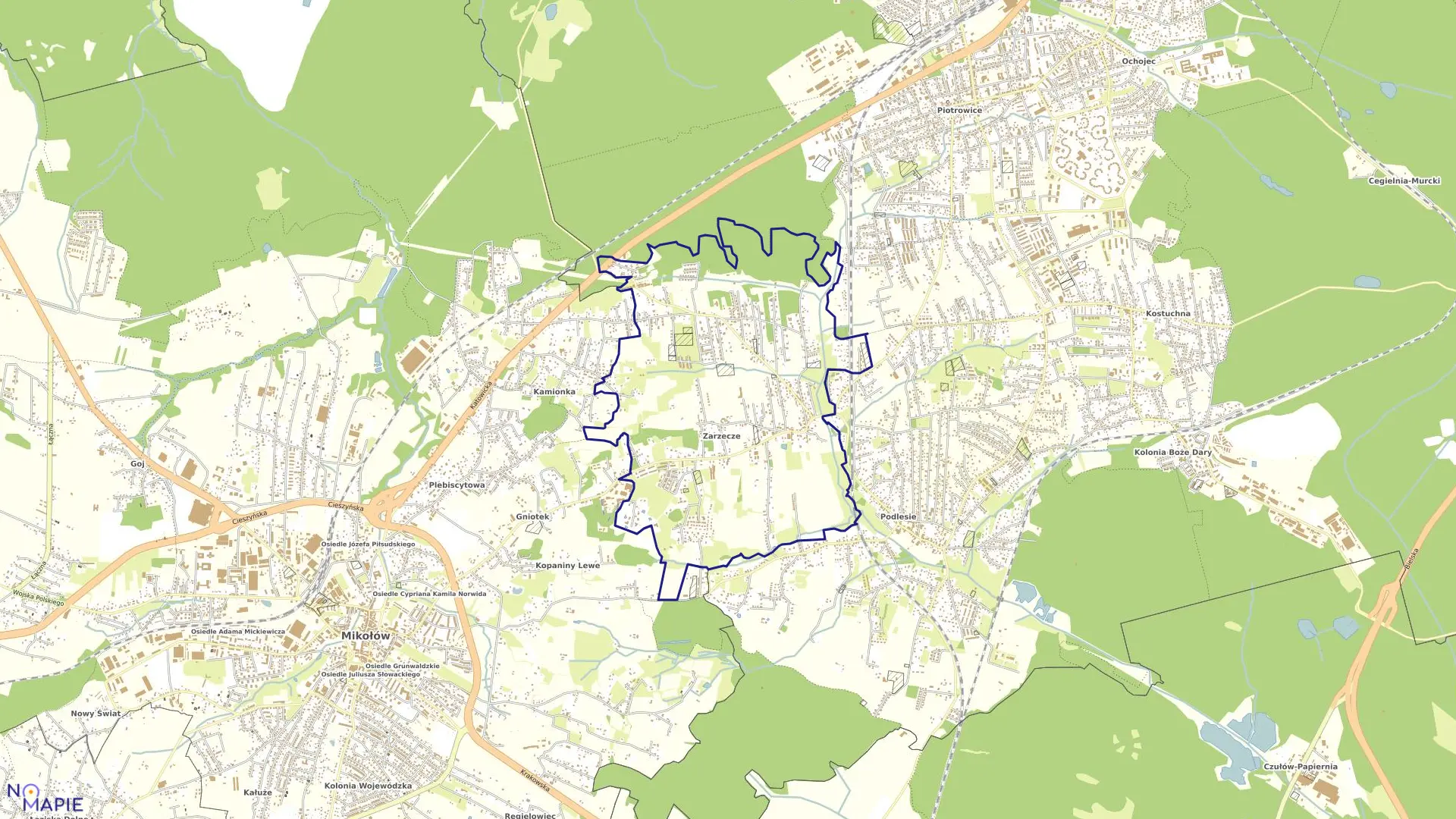 Mapa obrębu Zarzecze w mieście Katowice